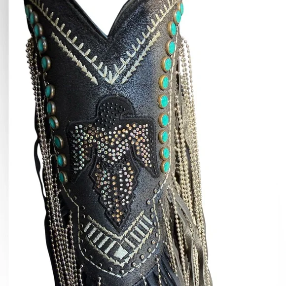 CORRAL EMBROIDERED AND CRYSTAL Black and Turquoise Eagle FRINGE WESTERN BOOTS - Picture 5 of 15
